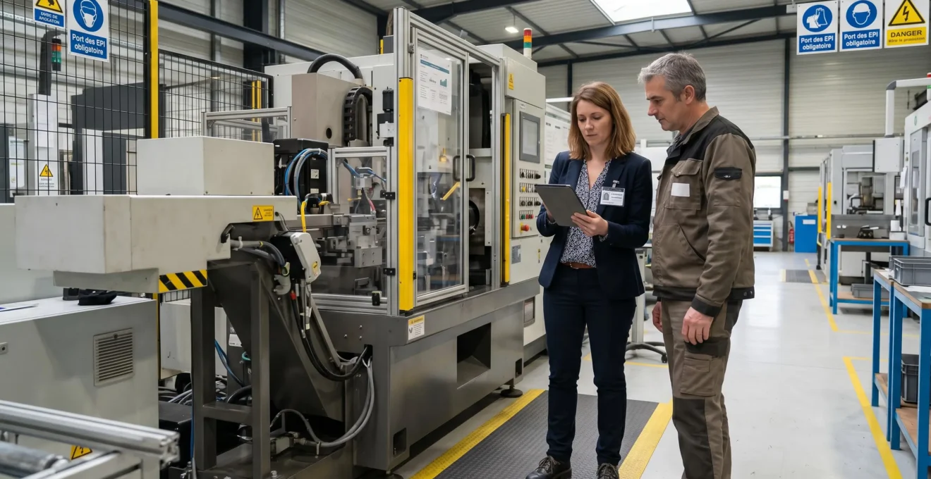 Chargée de mission d'un organisme financeur public en visite terrain dans une entreprise industrielle, discutant avec le dirigeant devant l'équipement de production concerné par la demande d'avance remboursable