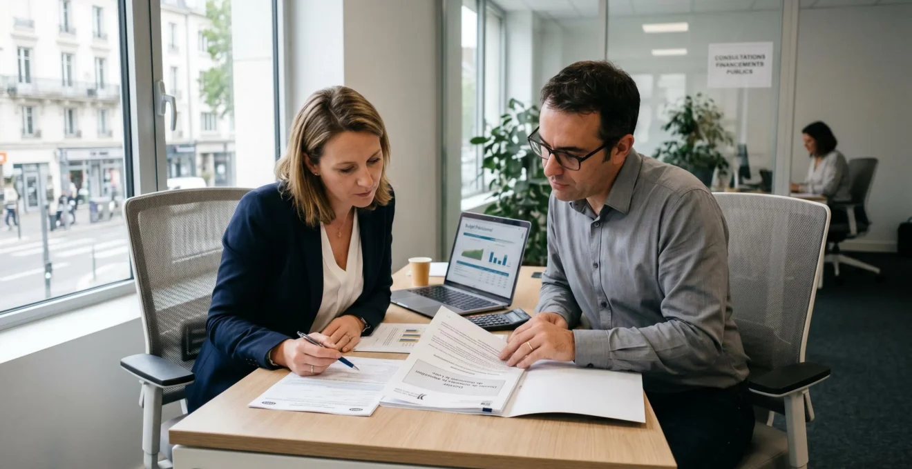 Conseiller en financement public et dirigeante d'entreprise en réunion de travail, étudiant ensemble un dossier de demande d'avance remboursable sur une table avec ordinateur et documents administratifs