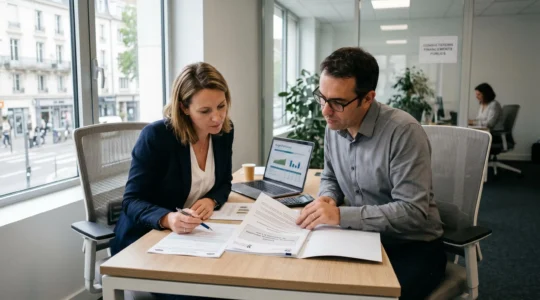 Conseiller en financement public et dirigeante d'entreprise en réunion de travail, étudiant ensemble un dossier de demande d'avance remboursable sur une table avec ordinateur et documents administratifs