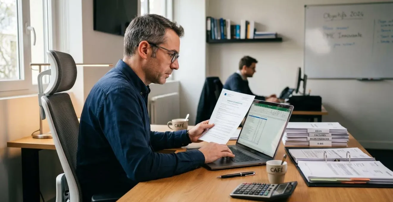 Dirigeant d'entreprise à son bureau, concentré sur la préparation de son dossier de demande d'avance remboursable avec documents administratifs et ordinateur