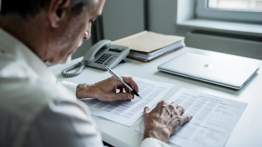 Un analyste bancaire examine des documents de prévisionnel financier imprimés à son bureau.