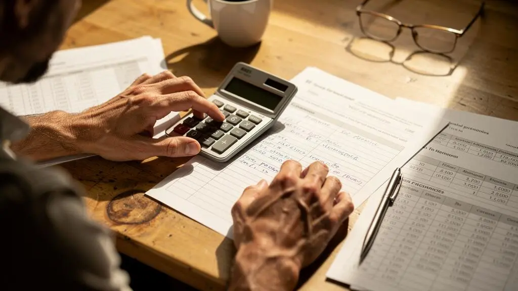 Des mains calculent un plan de financement sur une feuille de travail posée sur une table, avec une calculatrice.