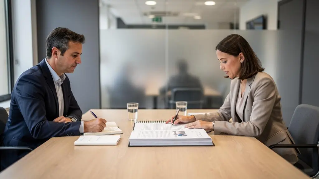 Une porteuse de projet de franchise présente son dossier de financement à une conseillère bancaire dans une salle de rendez-vous.